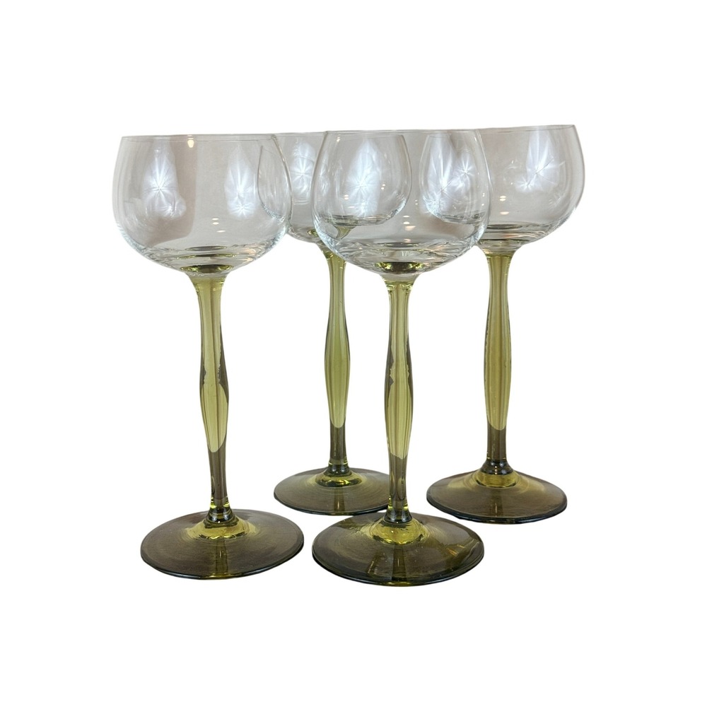 VTG Set‎ of FOUR Art Nouveau 1970s Green Stem Hock Wine Glasses Goblets 7 1/4"